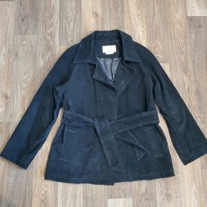Vintage Margaret Godfrey Black Suede Jacket Belted Short Trench Coat